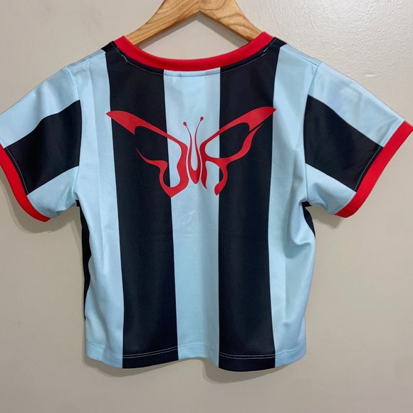 Puma x Dua Lipa Striped Cropped Jersey Shirt Blue Tops Womens 536637-89 NEW - Picture 4 of 10